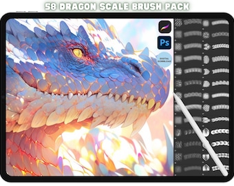 Pacote de carimbos de escamas de dragão para Photoshop Procreate, carimbos de fantasia, pele de escamas de sereia e lagarto, download digital de pincéis