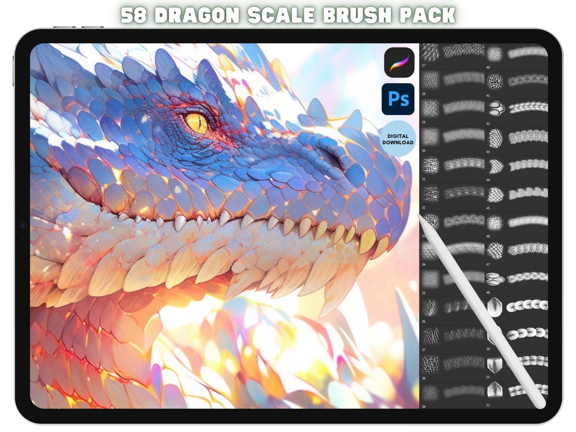 Pacote de pincéis e carimbos de escamas de dragão para Procreate e Photoshop – Texturas fantásticas de pele de lagarto e sereia