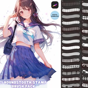 May include: A digital download of 21 houndstooth stamp brushes. The brushes are black and white and come in a variety of sizes and patterns. The image also includes a cartoon illustration of a girl wearing a school uniform.