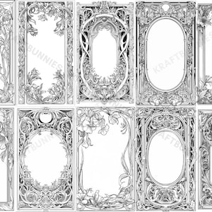 Op de afbeelding: Set van tien zwart-witte afdrukbare frames met sierlijke bloemmotieven. De frames zijn perfect om een vintage touch aan je projecten toe te voegen.