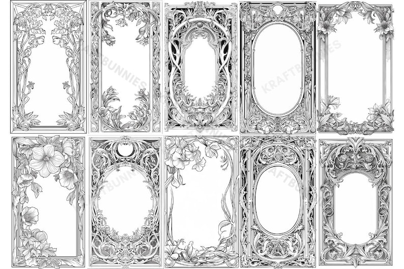 Op de afbeelding: Set van tien zwart-witte afdrukbare frames met sierlijke bloemmotieven. De frames zijn perfect om een vintage touch aan je projecten toe te voegen.