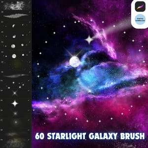May include: A set of 60 digital brushes for creating galaxy and starlight effects. The brushes include stars, moons, nebulae, and other celestial objects. The brushes are perfect for creating backgrounds, textures, and other artistic effects.