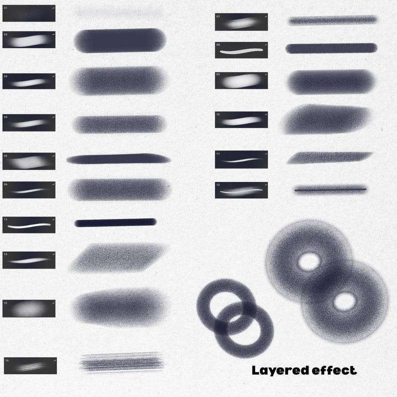 Pu&ograve; includere: Pennelli per arte digitale in varie forme e dimensioni, visualizzati su sfondo bianco. I pennelli variano da linee sottili a tratti ampi, con un effetto a strati in basso. L'immagine mostra una variet&agrave; di strumenti per l'arte digitale.