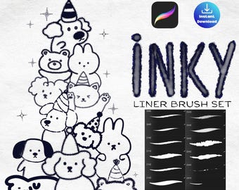 May include: Digital art illustration of a Christmas tree made of cartoon animals wearing party hats. The word "INKY" is written in a dark blue, textured font. The image also includes a set of liner brushes for digital art.