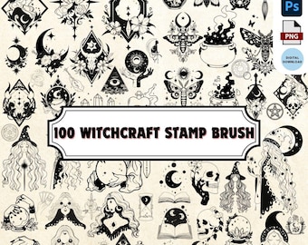 May include: A set of 100 black and white witchcraft stamp brush illustrations. The illustrations include a variety of witchy symbols, such as moons, stars, crystals, skulls, and potions. There are also illustrations of witches, cats, and owls.