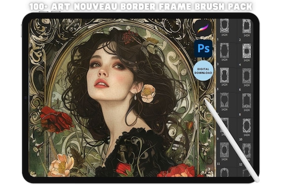 Procreate & Photoshop Art Nouveau Border Frame Stamp Bundle Pack Digital decorative border, motifs and outline stamps