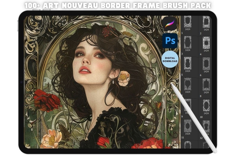 Procreate & Photoshop Art Nouveau Border Frame Stamp Bundle Pack Digitale decoratieve rand, motieven en omtrekstempels afbeelding 1