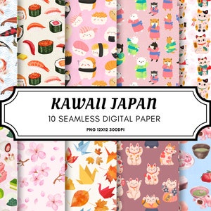 Nahtloses Muster Kawaii Japan Aquarell Stil, Nahtloses Rapportmuster, Sushi Koi Ahorn Sakura Hintergrund, bedruckbares digitales Papier