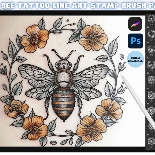 Procreate Photoshop Honey Bee Insect Tattoo Stamp Brush Bundle Pack Brushes Digital Instant Download Set Bundle