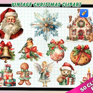 Clipart di Natale retrò vintage PNG, stampabile di Natale, immagini di Natale per biglietti, artigianato, download immediato di album