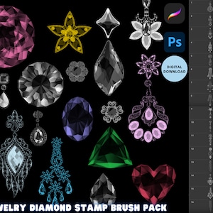 Può includere: Un set di 53 pennelli digitali per timbri che presentano vari design di gioielli e diamanti. I pennelli includono cuori, stelle, fiori e varie forme geometriche. I pennelli sono in bianco e nero, con alcuni che presentano accenti di colore.