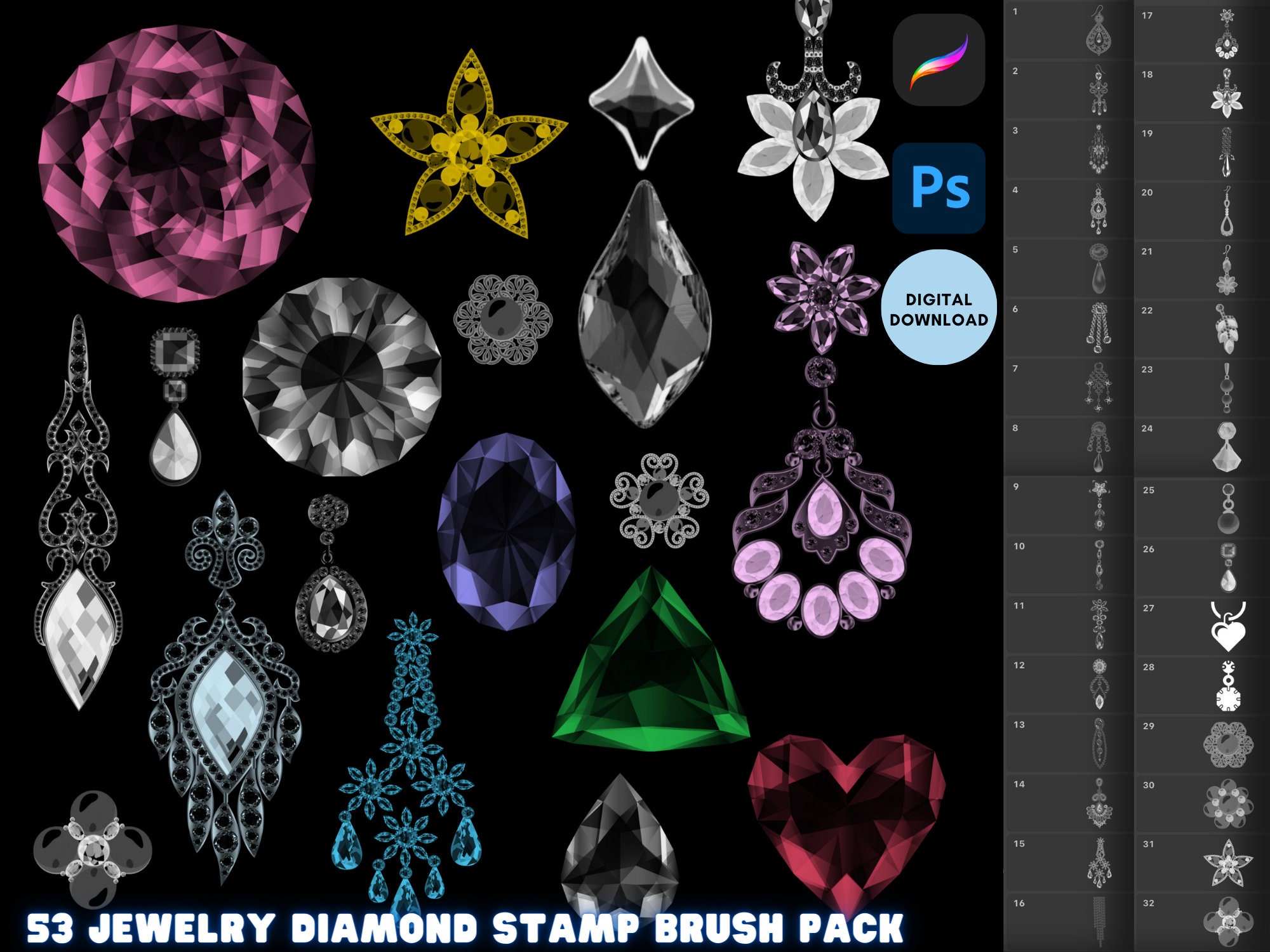 Sparkling Diamond Stamp Bundle für Procreate & Photoshop – Schmuck-Pinselset, PNG-Rahmen