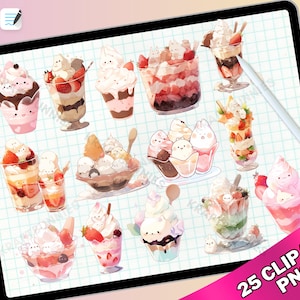 Puede incluir: Un conjunto de 25 imágenes de clipart digital que presentan adorables conejos de dibujos animados disfrutando de varios tipos de helados y postres helados. Las imágenes están en una paleta de colores pastel y presentan una variedad de ingredientes, incluyendo fresas, crema batida y chocolate.