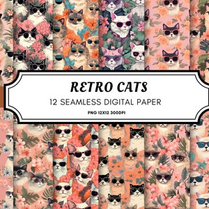 Op de afbeelding: Een digitaal papierpakket met 12 naadloze patronen met retro-katten die zonnebrillen dragen en omringd zijn door bloemen. De patronen zijn in roze, groene en blauwe tinten. De tekst "Retro Cats" en "12 Seamless Digital Paper" wordt weergegeven op een witte banner.