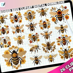 Könnte beinhalten: Ein Set mit 26 gestickten Bienen-Clipart-Bildern im PNG-Format. Die Bienen sind in verschiedenen Posen dargestellt und von floralen Designs umgeben. Die Bienen sind gelb, schwarz und braun mit aufwendigen Details.
