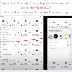 May include: Screenshot of a phone screen showing a file manager app with a list of files. The highlighted file is labeled "Copy of smoke effect" and is a Procreate brush set. The user is selecting the option to "Open in" Procreate.