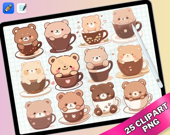 May include: A set of 12 digital clipart images featuring cute brown bears holding mugs of coffee or tea. The bears are drawn in a cartoon style with big eyes and smiling faces. The mugs are decorated with hearts and other cute designs.