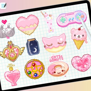 May include: A digital drawing of 10 pixel art stickers in pink, white, and gold. The stickers include a heart-shaped donut, a cat donut, a heart, a game controller, a milkshake, a jar with a moon, a perfume bottle, a princess crown, a cat ice cream cone, and a heart with a star.