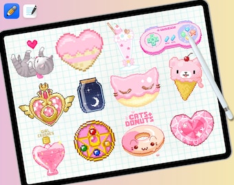 Kawaii Retro Pixel Art Sticker Bundle, Digital Planner Stickers (PNG)