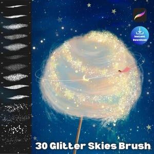 Pode incluir: Ilustração de arte digital de um design extravagante semelhante a algodão doce com um fundo de céu estrelado. A imagem inclui uma pessoa com um vestido rosa voando ao redor do algodão doce. O texto "30 Glitter Skies Brush" está na parte inferior.