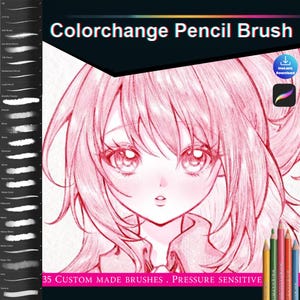 May include: Digital art brushes for Procreate, featuring a pink anime-style illustration of a girl. The image includes the text "Colorchange Pencil Brush" and "35 Custom Made Brushes. Pressure Sensitive."
