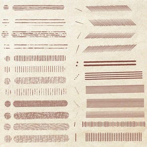 Puede incluir: Una colecci&oacute;n de elementos de arte lineal marr&oacute;n, que incluyen l&iacute;neas rectas, l&iacute;neas punteadas y varios patrones. Las l&iacute;neas var&iacute;an en grosor y estilo, dispuestas sobre un fondo beige. La imagen muestra una variedad de opciones de dise&ntilde;o para dise&ntilde;o gr&aacute;fico o ilustraci&oacute;n.