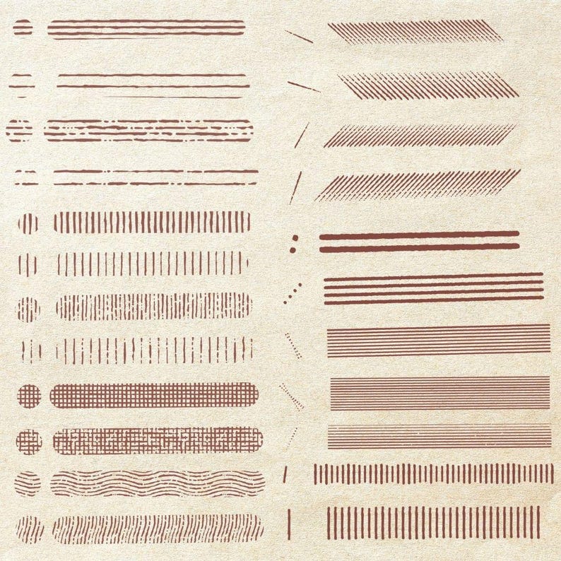 Puede incluir: Una colecci&oacute;n de elementos de arte lineal marr&oacute;n, que incluyen l&iacute;neas rectas, l&iacute;neas punteadas y varios patrones. Las l&iacute;neas var&iacute;an en grosor y estilo, dispuestas sobre un fondo beige. La imagen muestra una variedad de opciones de dise&ntilde;o para dise&ntilde;o gr&aacute;fico o ilustraci&oacute;n.