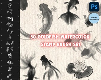 Puede incluir: Un conjunto de arte digital con 50 pinceles de sellos de peces dorados en acuarela. La imagen muestra varias ilustraciones de peces dorados en tonos grises y negros, junto con una flor de loto. Se muestra el texto "50 GOLDFISH WATERCOLOR STAMP BRUSH SET".
