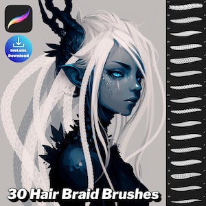 May include: Digital art featuring a blue-skinned character with white hair styled in braids. The image includes a Procreate app icon and an "Instant Download" button. The text "30 Hair Braid Brushes" is displayed at the bottom, with examples of the brushes on the right.