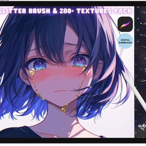 May include: A digital illustration of an anime girl with blue hair and galaxy-themed eyes crying golden glitter tears. The image is on a tablet screen with a stylus and a digital download button. The text on the screen reads "70+ Glitter Brush & 280+ Textures Pack".