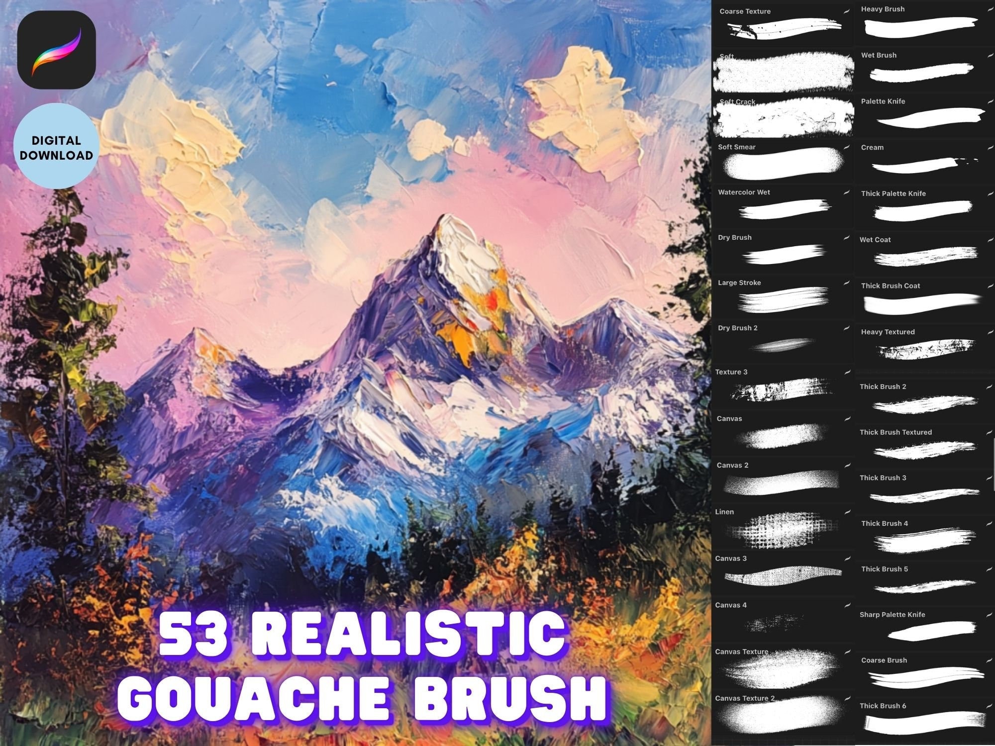 Set de pinceles para Procreate de gouache y óleo realistas con textura impasto y espátula