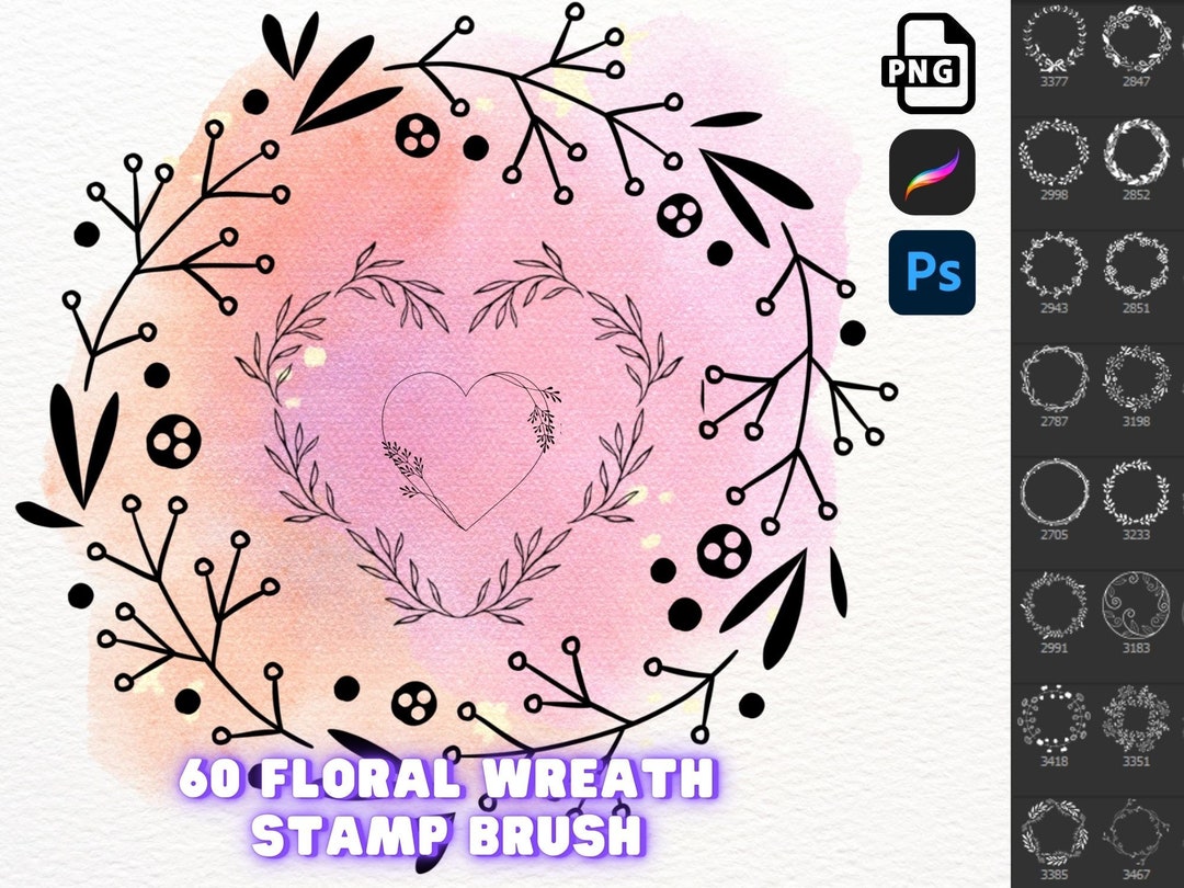 Procreate Photoshop PNG Floral Line Art Wreath Frame Stamp Brush Pack ...
