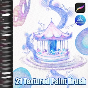 Pode incluir: Ilustração digital de um carrossel em tons de rosa e azul. A imagem inclui o texto "21 Textured Paint Brush" e um ícone de download. Uma seleção de pincéis é mostrada no lado esquerdo.