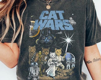 Cat Wars Vintage 90s Graphic Shirt, Retro Space Cat Comfort Colors® Tee, Funny Cat Warrior Shirt, Cat Lovers Gift, Sci-fi Top, Nerdy Cat Tee