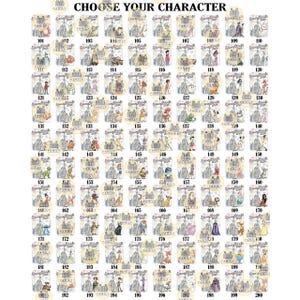 May include: A collection of 200 personalized family portraits featuring various cartoon characters and castle illustrations. Each portrait is numbered and includes the text "CHOOSE YOUR CHARACTER" and "FAMILY".