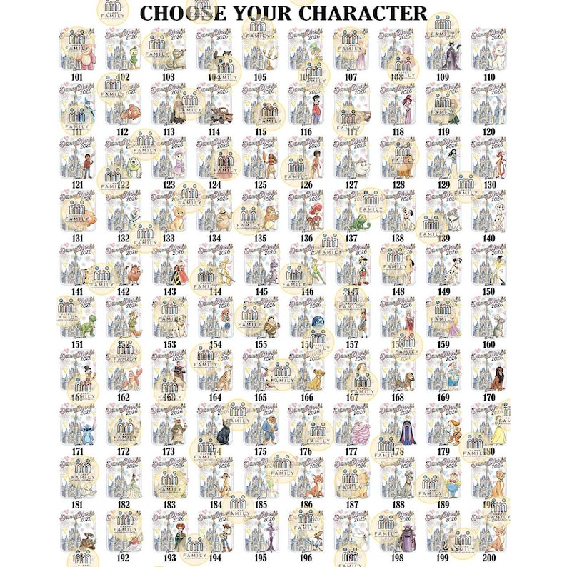 May include: A collection of 200 personalized family portraits featuring various cartoon characters and castle illustrations. Each portrait is numbered and includes the text "CHOOSE YOUR CHARACTER" and "FAMILY".