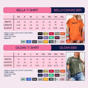 May include: A chart displaying t-shirt size measurements for Bella and Gildan brands. Measurements are in inches for width, length, and sleeve length. Color swatches are also shown for each brand.