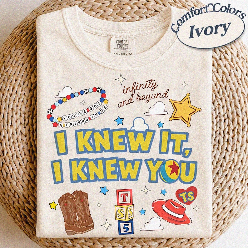 Vintage-tröja med texten "Jag visste det, jag visste dig", vänskapströja med Toy Story 5, Woody Buzz Lightyear-tröja, matchande familjetröja med Disneyland-tema Ivory/Natural