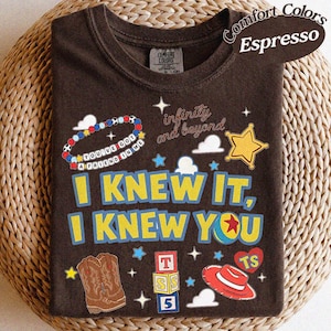 Vintage-tröja med texten "Jag visste det, jag visste dig", vänskapströja med Toy Story 5, Woody Buzz Lightyear-tröja, matchande familjetröja med Disneyland-tema Espresso