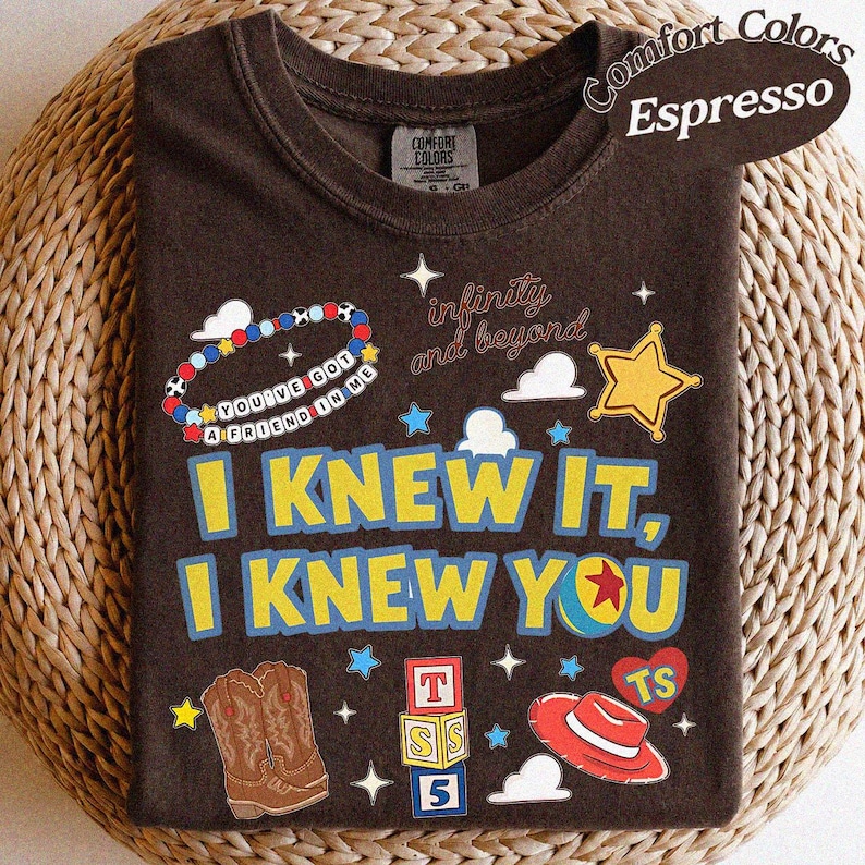 Vintage-tröja med texten "Jag visste det, jag visste dig", vänskapströja med Toy Story 5, Woody Buzz Lightyear-tröja, matchande familjetröja med Disneyland-tema Espresso