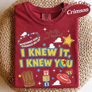 Vintage-tröja med texten "Jag visste det, jag visste dig", vänskapströja med Toy Story 5, Woody Buzz Lightyear-tröja, matchande familjetröja med Disneyland-tema crimson