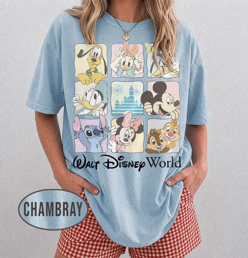 May include: A light blue t-shirt featuring a grid of nine squares with various cartoon characters including Pluto, Daisy Duck, Donald Duck, Mickey Mouse, Stitch, Minnie Mouse, and Chip 'n Dale, with the text Walt Disney World printed below.
