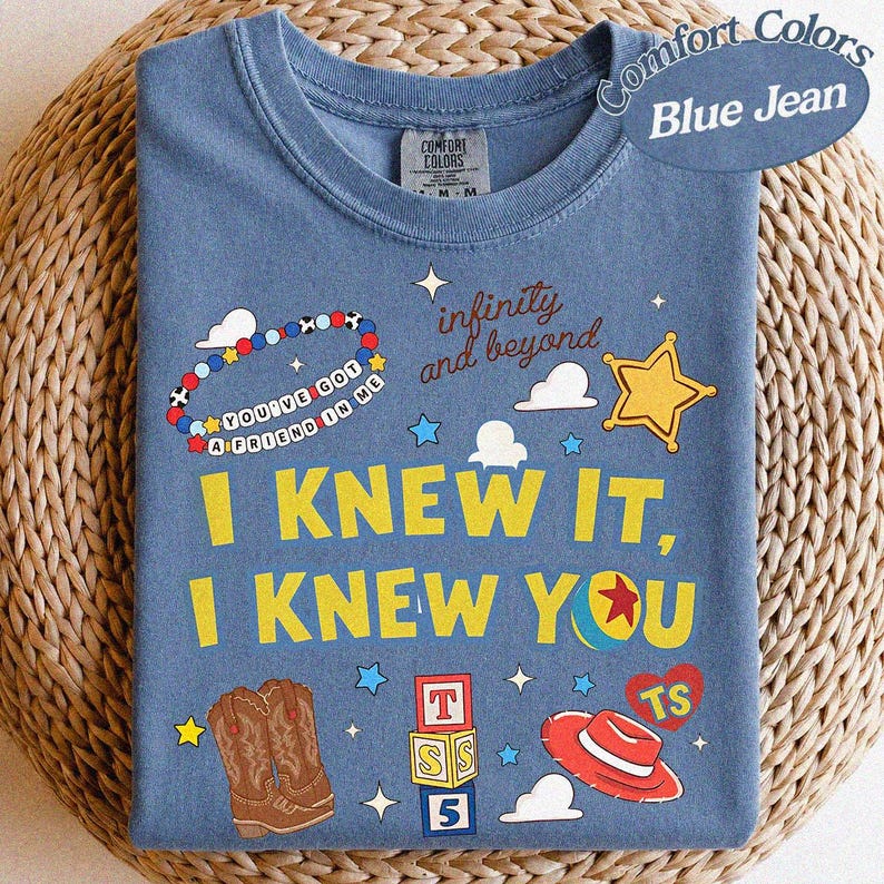 Vintage-tröja med texten "Jag visste det, jag visste dig", vänskapströja med Toy Story 5, Woody Buzz Lightyear-tröja, matchande familjetröja med Disneyland-tema Blue Jean ComfortCL