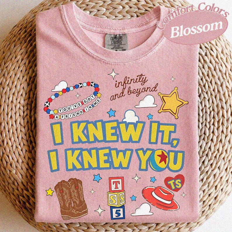Vintage-tröja med texten "Jag visste det, jag visste dig", vänskapströja med Toy Story 5, Woody Buzz Lightyear-tröja, matchande familjetröja med Disneyland-tema Blossom/Light Pink