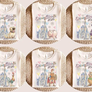 May include: Cream-colored t-shirts with the text "Disney World 2026" and various cartoon characters. Each shirt features a different character, including a dog, pig, and rooster, with a castle illustration.