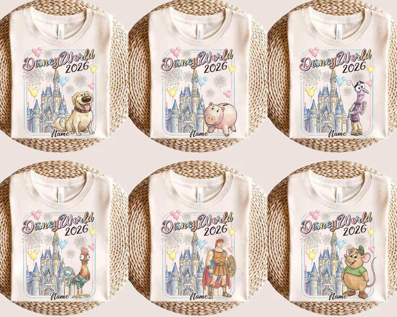 May include: Cream-colored t-shirts with the text "Disney World 2026" and various cartoon characters. Each shirt features a different character, including a dog, pig, and rooster, with a castle illustration.