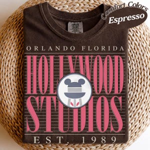 May include: Espresso-coloured t-shirt with a graphic design featuring the words "HOLLYWOOD STUDIOS" in pink, with "ORLANDO FLORIDA" above and "EST. 1989" below. A Mickey Mouse head is in the centre. The shirt is folded on a woven surface.
