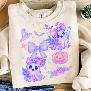 Irisierender Geist Png, kokett Halloween Png, Girly Halloween Png, niedlicher Geist Png, Kürbis Png, Retro Neon grafisches digital, gruselige Jahreszeit