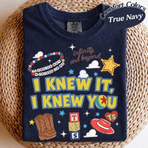 Vintage-tröja med texten "Jag visste det, jag visste dig", vänskapströja med Toy Story 5, Woody Buzz Lightyear-tröja, matchande familjetröja med Disneyland-tema True Navy