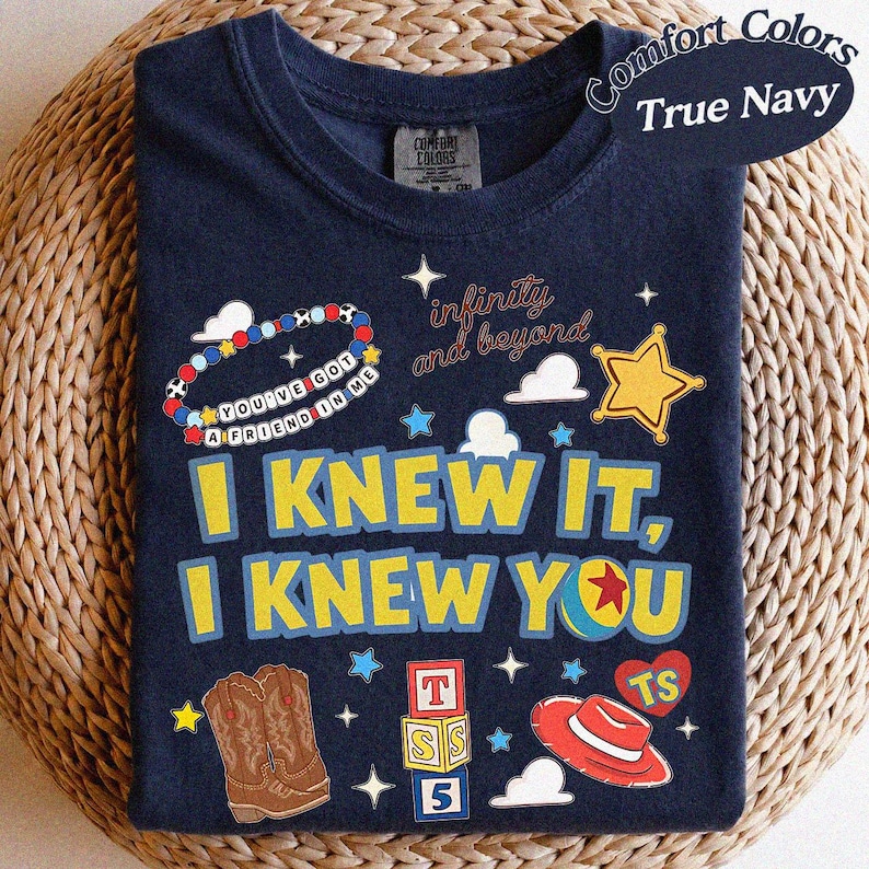 Vintage-tröja med texten "Jag visste det, jag visste dig", vänskapströja med Toy Story 5, Woody Buzz Lightyear-tröja, matchande familjetröja med Disneyland-tema True Navy